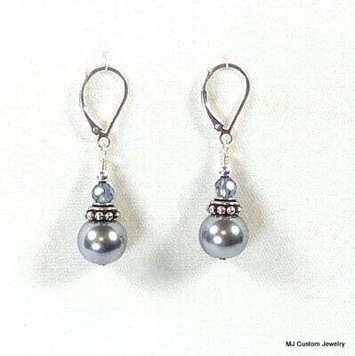 Silver Blue Pearl & Crystal Bali-Style Bead Cap Earrings