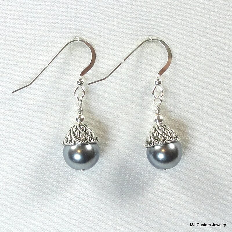 Silver Blue Pearl Leaf Embossed Bead Cap Earrings