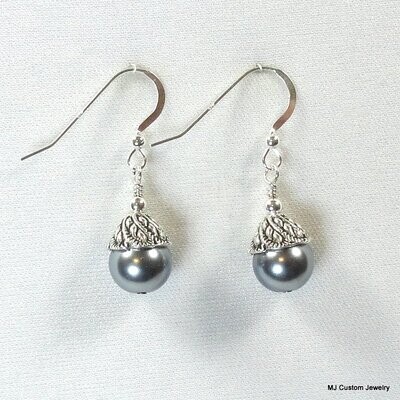 Silver Blue Pearl Leaf Embossed Bead Cap Earrings