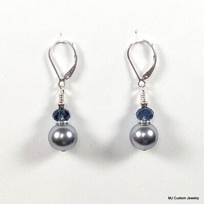 Silver Blue Pearl & Navy Crystal Leverback Earrings
