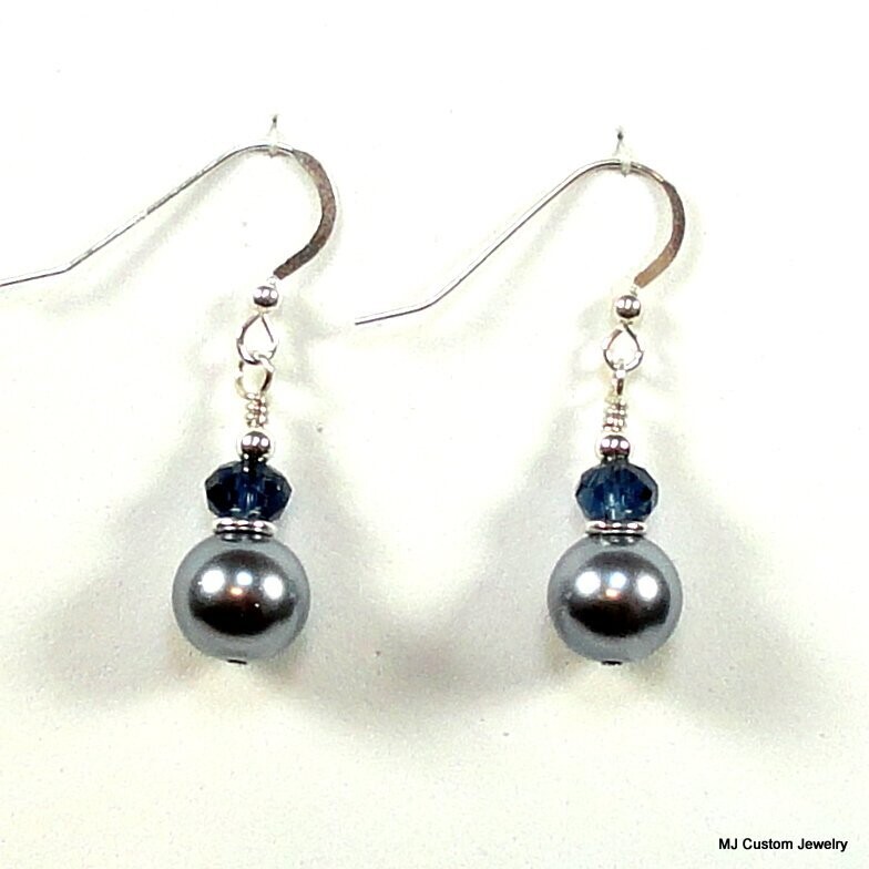 Silver Blue Pearl & Navy Crystal Earrings