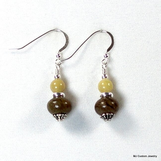 Brown Smoky Quartz Glass & Antique Jade Earrings