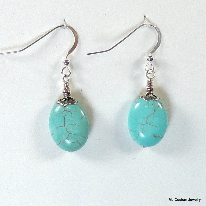 Turquoise Flat Oval & Flower Bead Cap Earrings