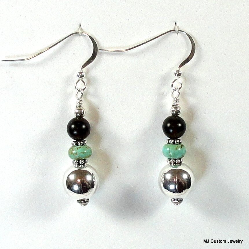 Turquoise & Smoky Quartz Silver Ball Earrings