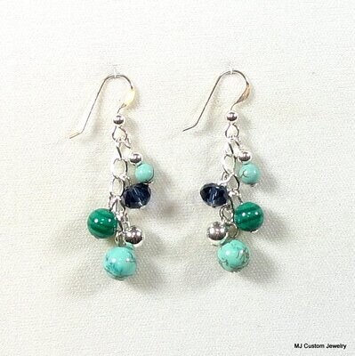 Turquoise, Malachite & Navy Crystal Chain Earrings