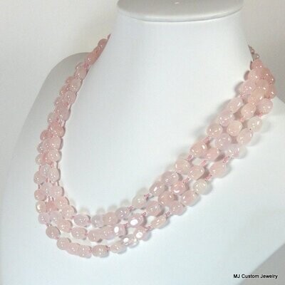 Rose Quartz Tumbled Squares Triple Strand Necklace