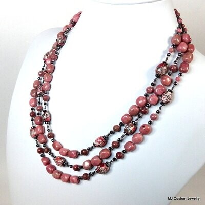 Rhodonite Tumbled Squares Triple Strand Necklace