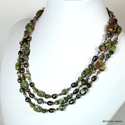 Rhyolite & FW Pearl Triple Strand Necklace