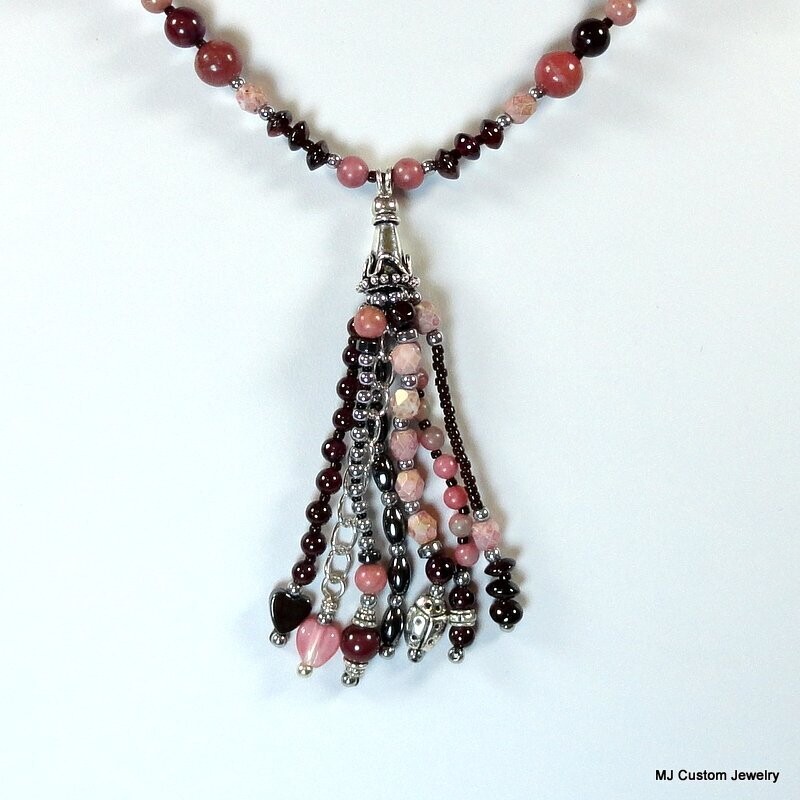 Rhodonite & Garnet Tassel Pendant 30" Necklace