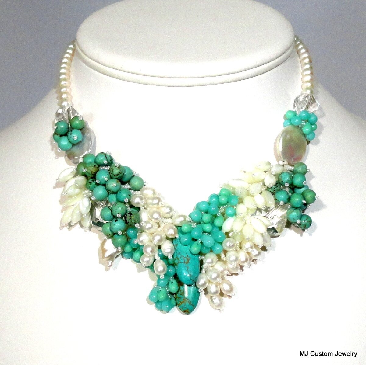 Turquoise, FW Pearl, & MOP Venetian Style Necklace