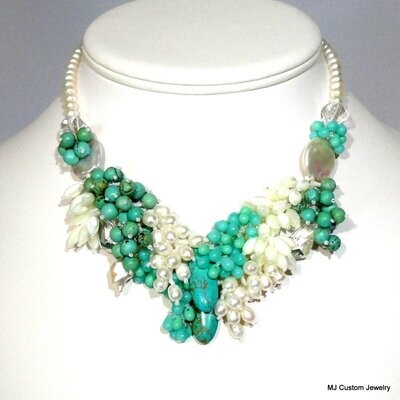 Turquoise, FW Pearl, & MOP Venetian Style Necklace