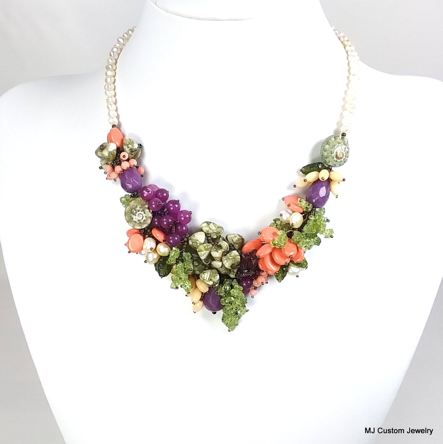 FW Pearl, Coral, Peridot & Jade Venetian Necklace