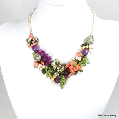 FW Pearl, Coral, Peridot & Jade Venetian Necklace