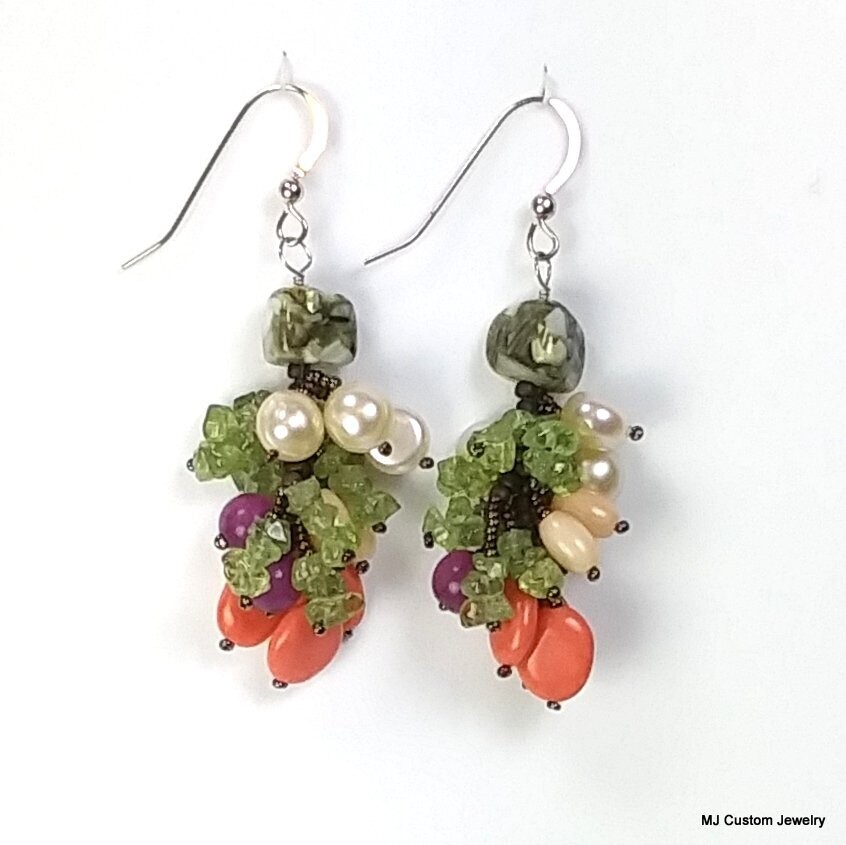 FW Pearl, Coral, Peridot & Jade Venetian Earrings
