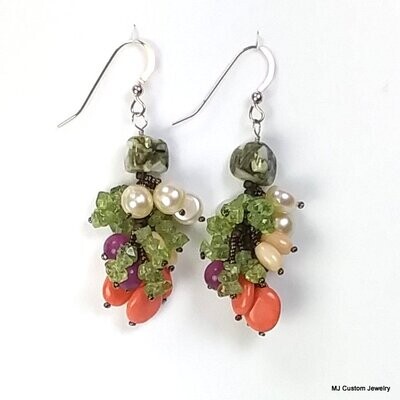 FW Pearl, Coral, Peridot & Jade Venetian Earrings