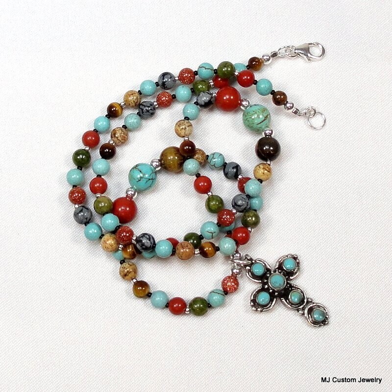 Turquoise Cross Pendant Multi-gemstone Necklace