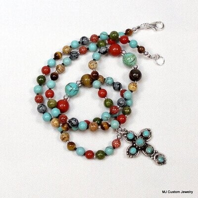 Turquoise Cross Pendant Multi-gemstone Necklace