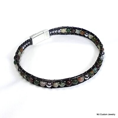 Fancy Jasper & Silver Hematite Magnetic Clasp Leather Bracelet - Large