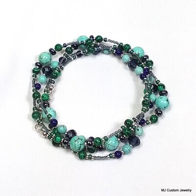 Turquoise, Malachite & Navy Crystal Necklace / Wrap Bracelet