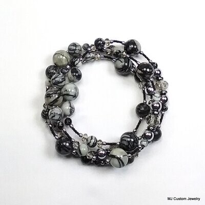 Black Silk Stone & Silver Smoke Crystal Necklace / Wrap Bracelet