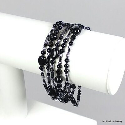 Onyx, Czech Glass & Silver Hematite Necklace / Wrap Bracelet