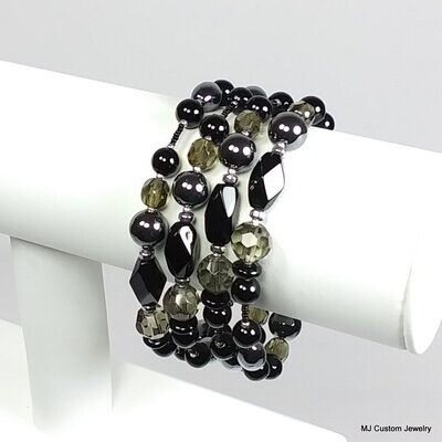 Onyx, Black Diamond Crystal & Hematite Necklace / Wrap Bracelet