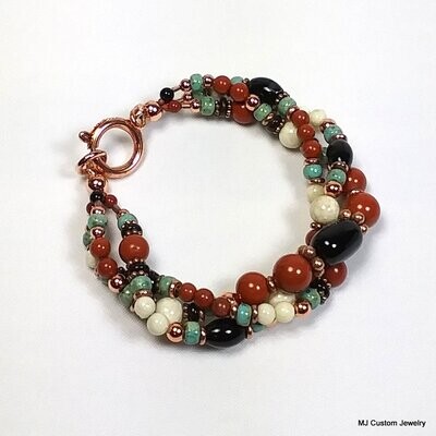 Red Jasper, Black Agate & Fossil Triple Strand Copper Bracelet