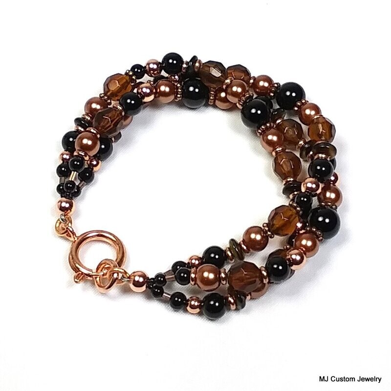 Onyx, Topaz Crystal & Copper Pearl Triple Strand Copper Bracelet