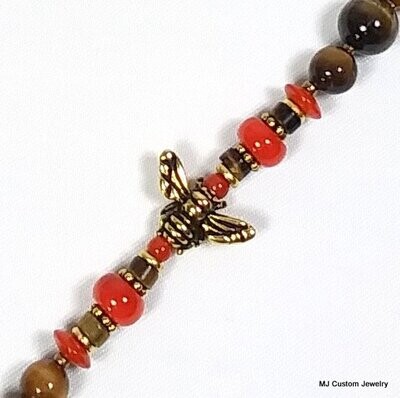 Tigereye & Red Coral Golden Honey Bee Necklace