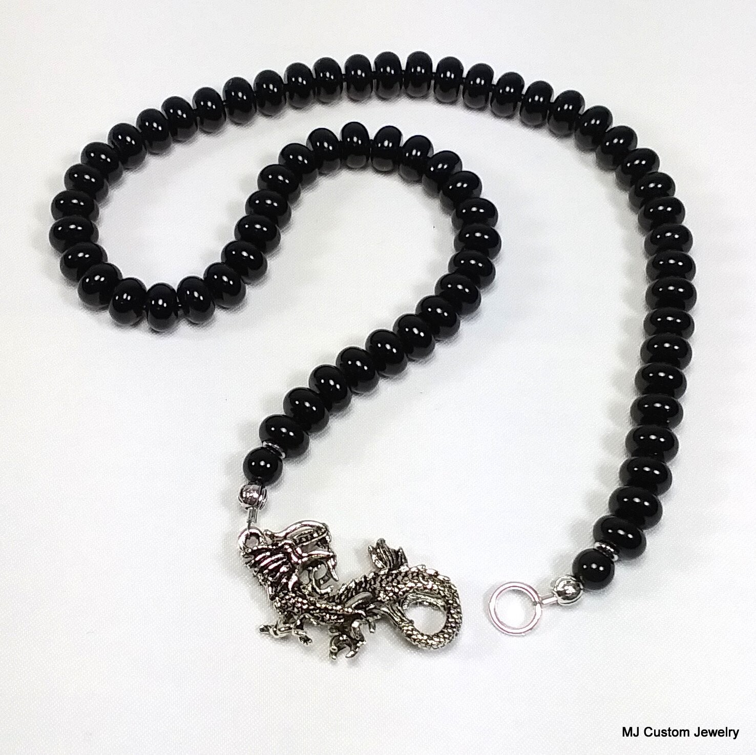 Onyx Gemstone Rondelles & Dragon Clasp Necklace