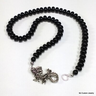 Onyx Gemstone Rondelles & Dragon Clasp Necklace