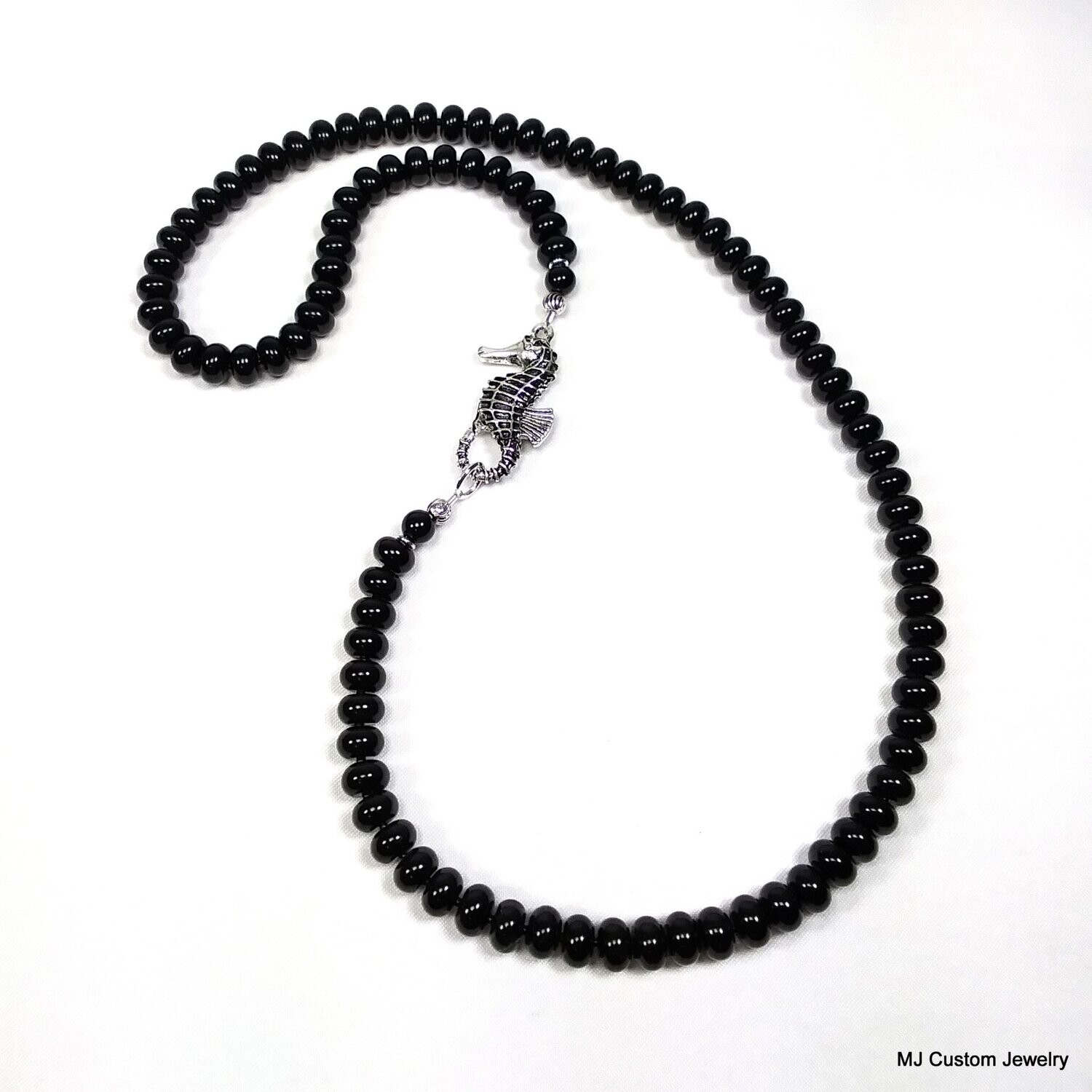 Onyx Gemstone Rondelles & Seahorse Clasp Necklace