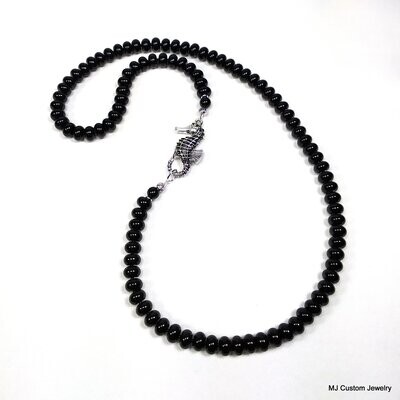 Onyx Gemstone Rondelles & Seahorse Clasp Necklace