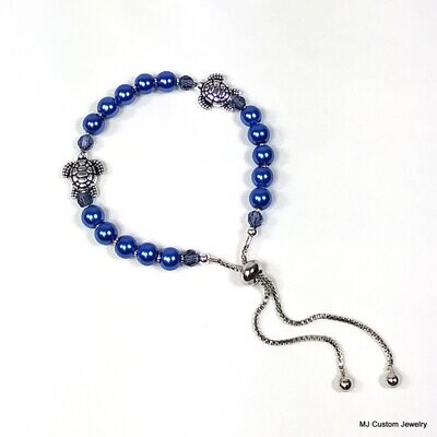 Royal Blue Pearls & Sea Turtles Adjustable BOLO Bracelet