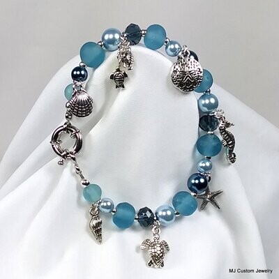 Under-the-Sea Marine Blue Sea Glass Charm Bracelet