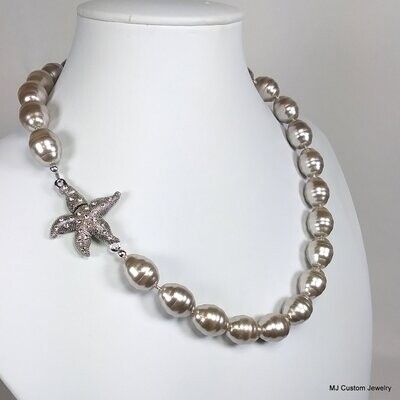 Silver Baroque Shell Pearl & Starfish Magnetic Clasp Necklace