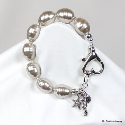 Silver Baroque Shell Pearl & Jumbo Heart Clasp Bracelet