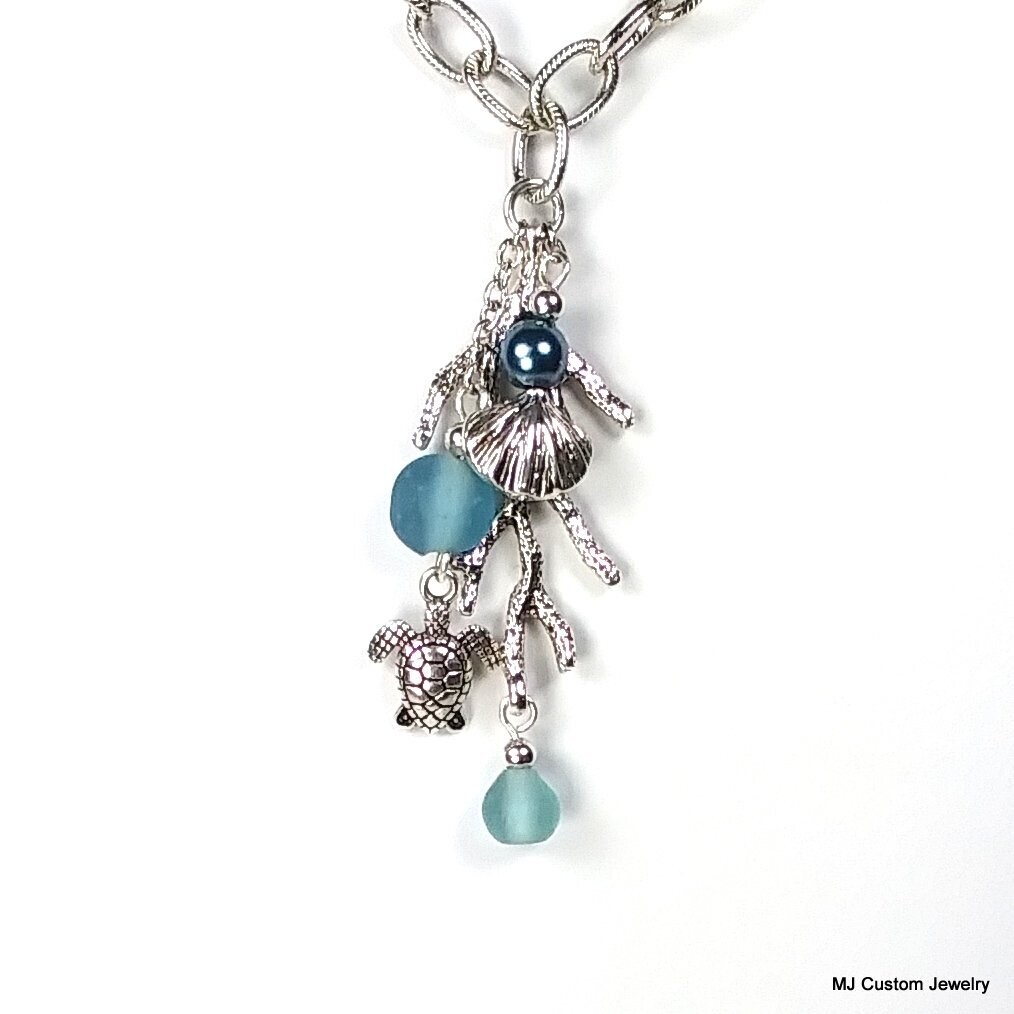 Under-the-Sea Marine Blue Sea Glass Tassel Necklace