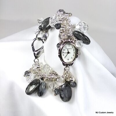 Larvikite Gemstone & Crystal Charm Bracelet Watch