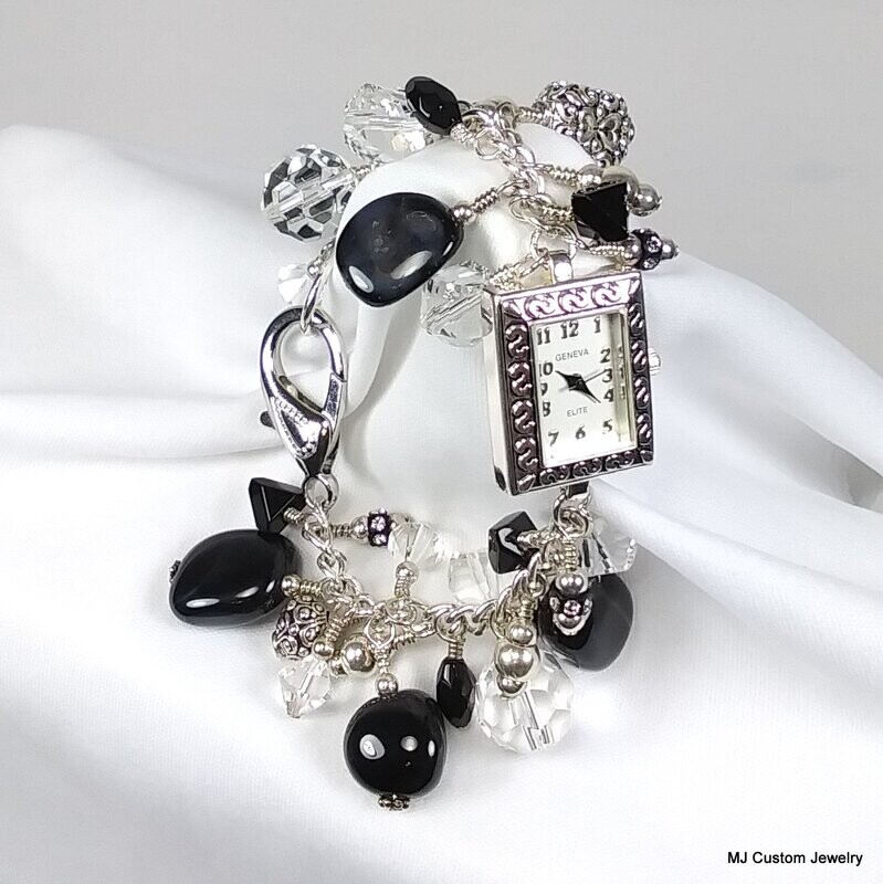 Black Agate & Crystal Charm Bracelet Watch