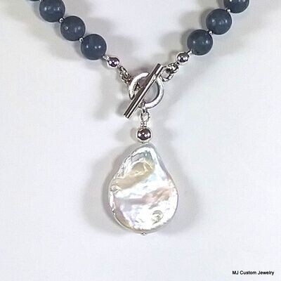 Blue Coral & Baroque Coin Pearl Pendant Necklace