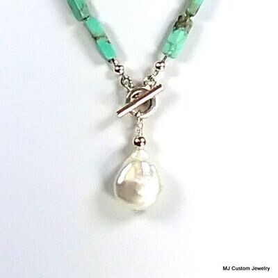 Turquoise & Baroque Coin Pearl Pendant Necklace