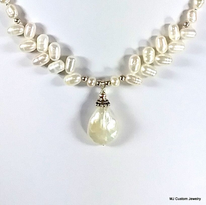 FW Herringbone & Baroque Pearl Pendant Necklace