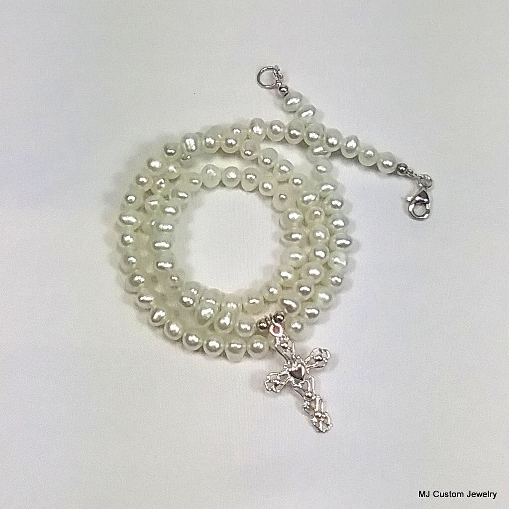 Freshwater Pearl & Silver Cross Pendant Necklace