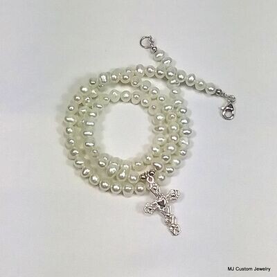Freshwater Pearl & Silver Cross Pendant Necklace