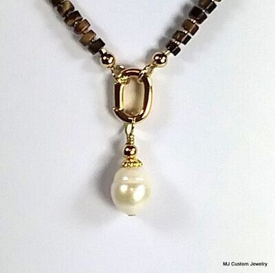 Tigereye Heishi Necklace w/ Removable Baroque FW Pearl Pendant