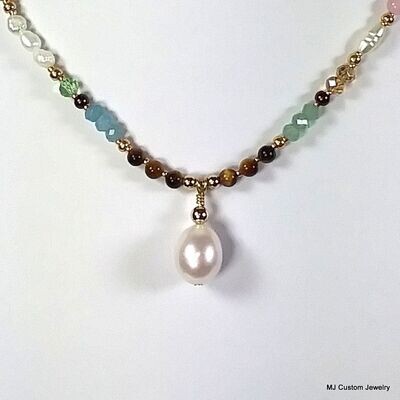 Multi-gemstone & FW Pearl Pendant 14k GF Necklace