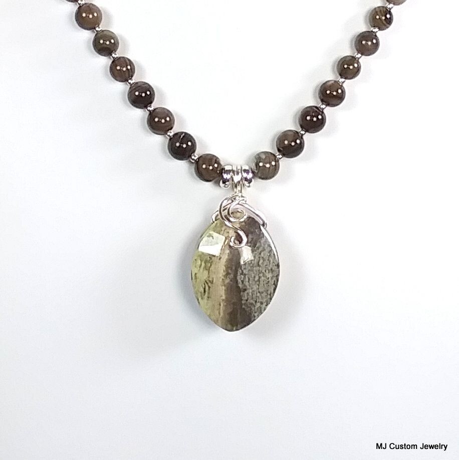 Taupe M.O.P. Shell & Silverleaf Jasper Pendant Necklace