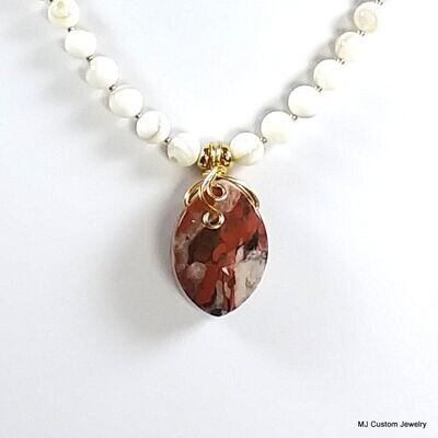 Mother of Pearl & Brecciated Jasper Pendant 14k GF Necklace