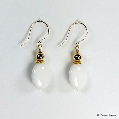 White Jade Ovals & Gold Ball 14k GF Earrings